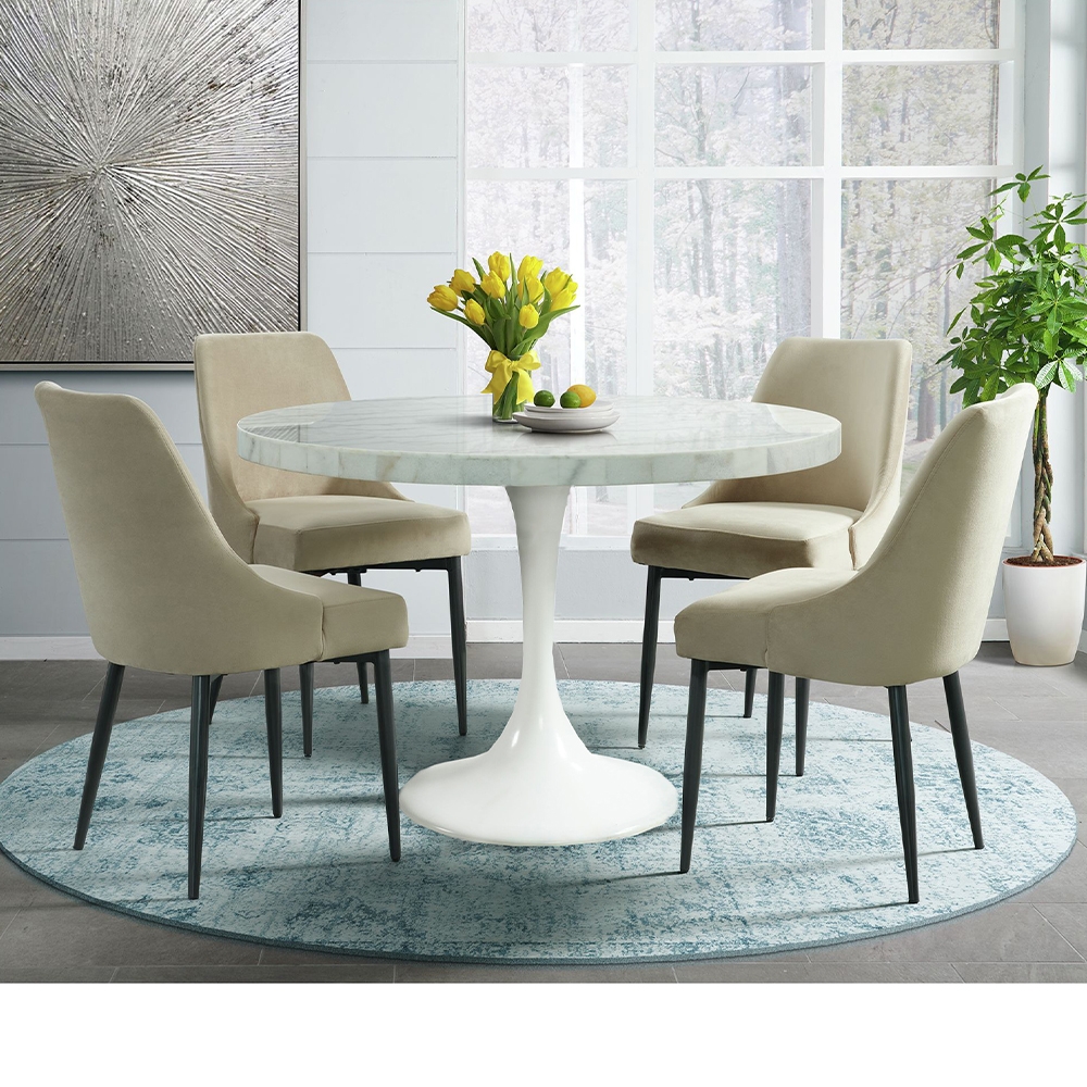 Ellesime International  | Celeste Round White Base Dining Five Piece Set ( Dining Table, Four Cream Fabric Side Chairs )
