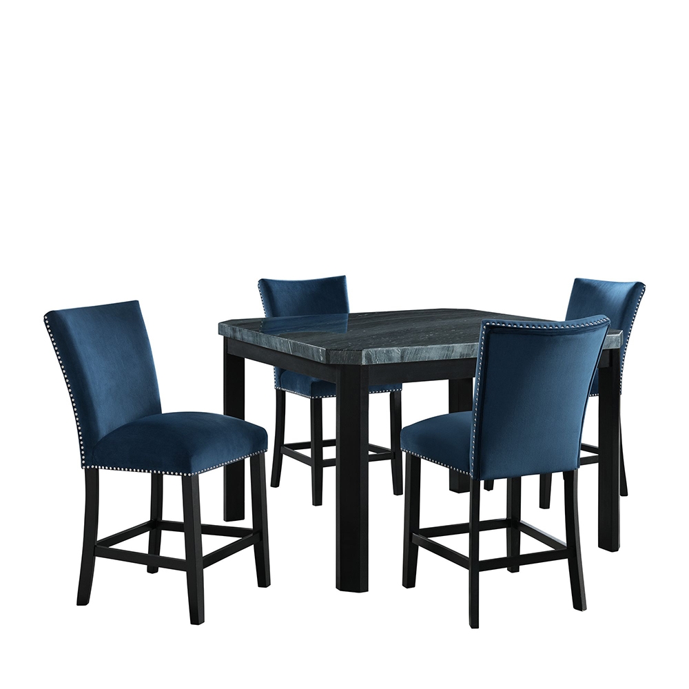 Francesca Square Counter Dining Five Piece Set ( Dining Table, Four Blue Velvet Side Chairs ) | Ellesime International 