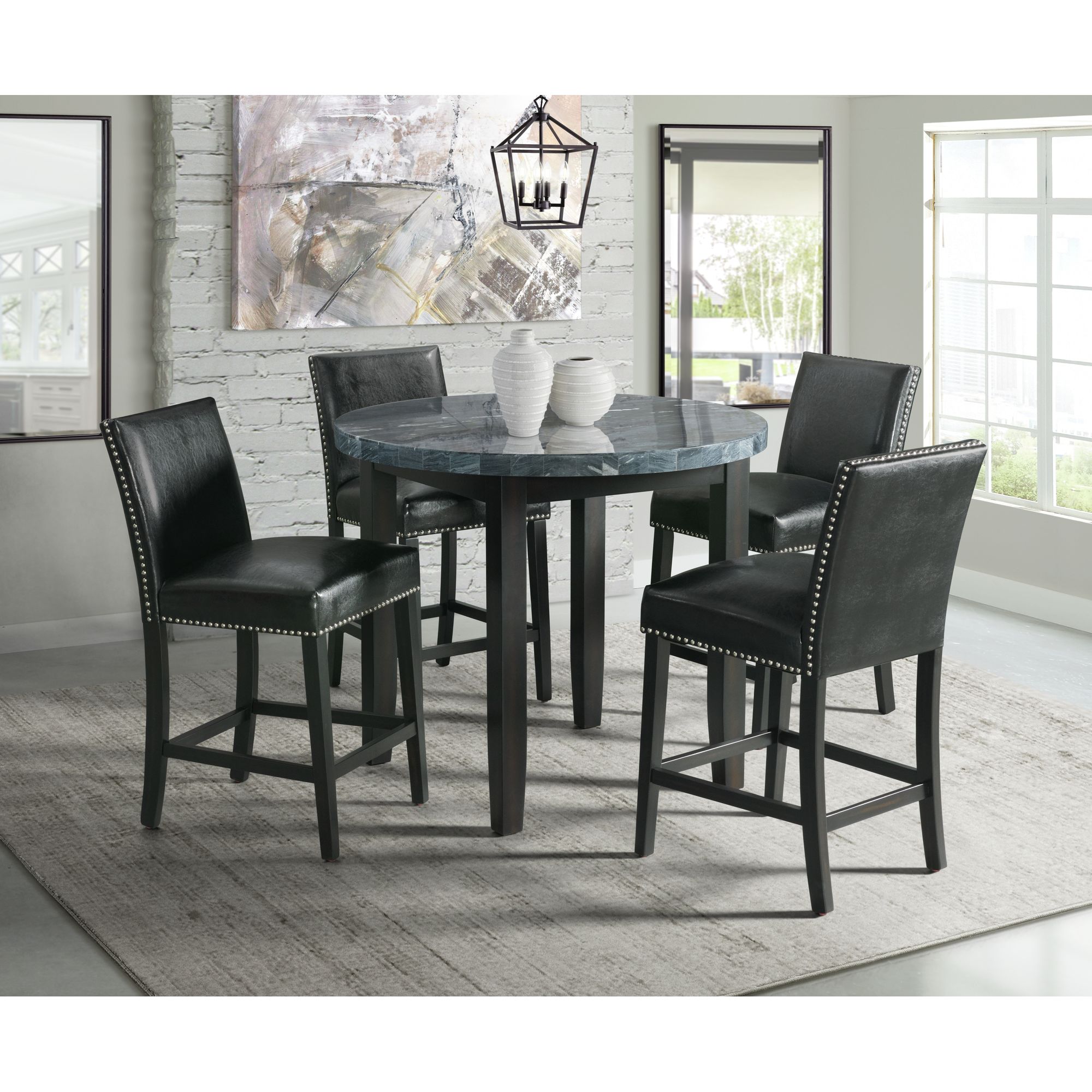 Ellesime International  | Francesca Round Counter Dining Five Piece Set ( Dining Table, Four Black Side Chairs )