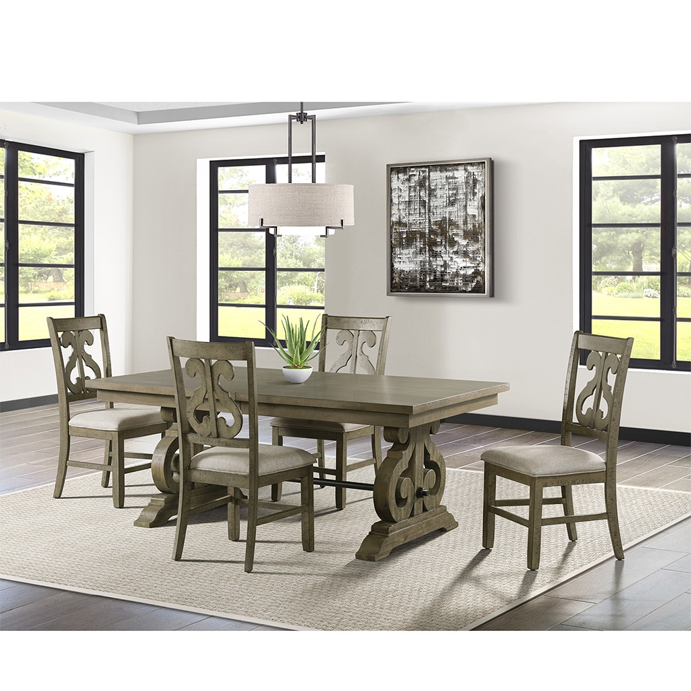 Ellesime International  | Stone Gray Dining Five Piece Set ( Dining Table, Four Wooden Swirl Back Side Chairs )