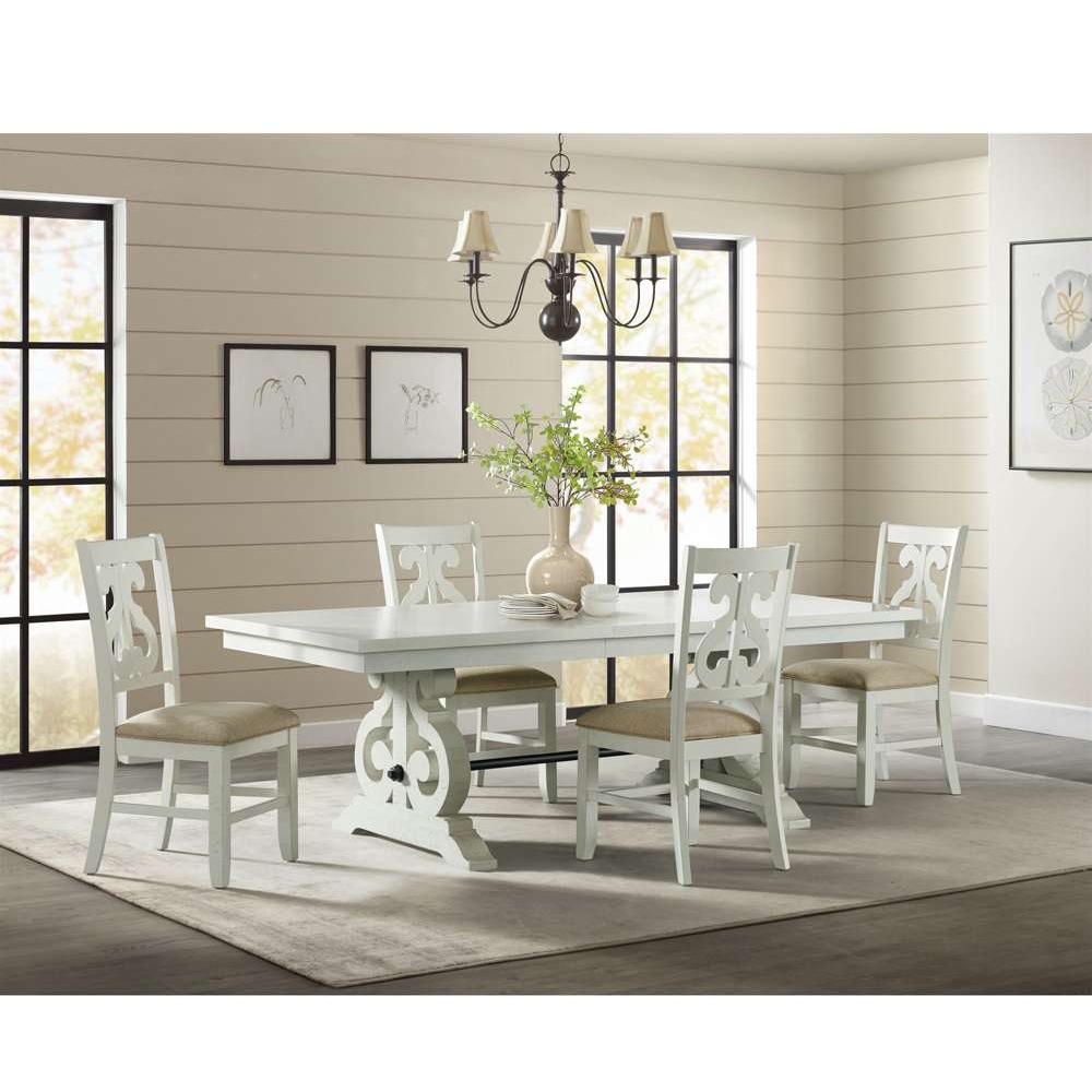 Ellesime International  | Stone White Dining Five Piece Set ( Dining Table, Four Wooden Swirl Back Side Chairs )