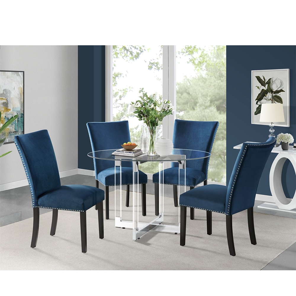 Ellesime International  | Zurich Round Dining Five Piece Set ( Dining Table, Four Blue Velvet Side Chairs )