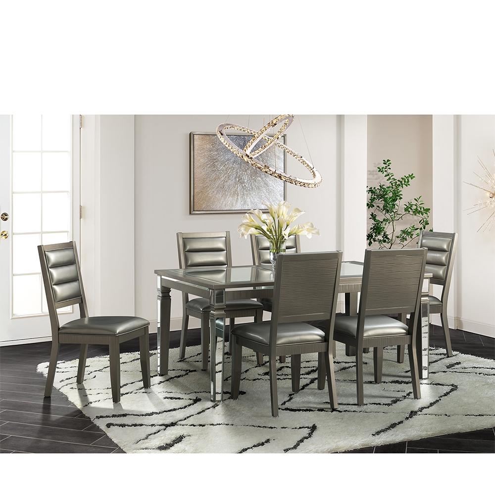 Ellesime International  | 14.5 Dining Mirror Leg Seven Piece Set ( Dining Table, Six Side Chairs )