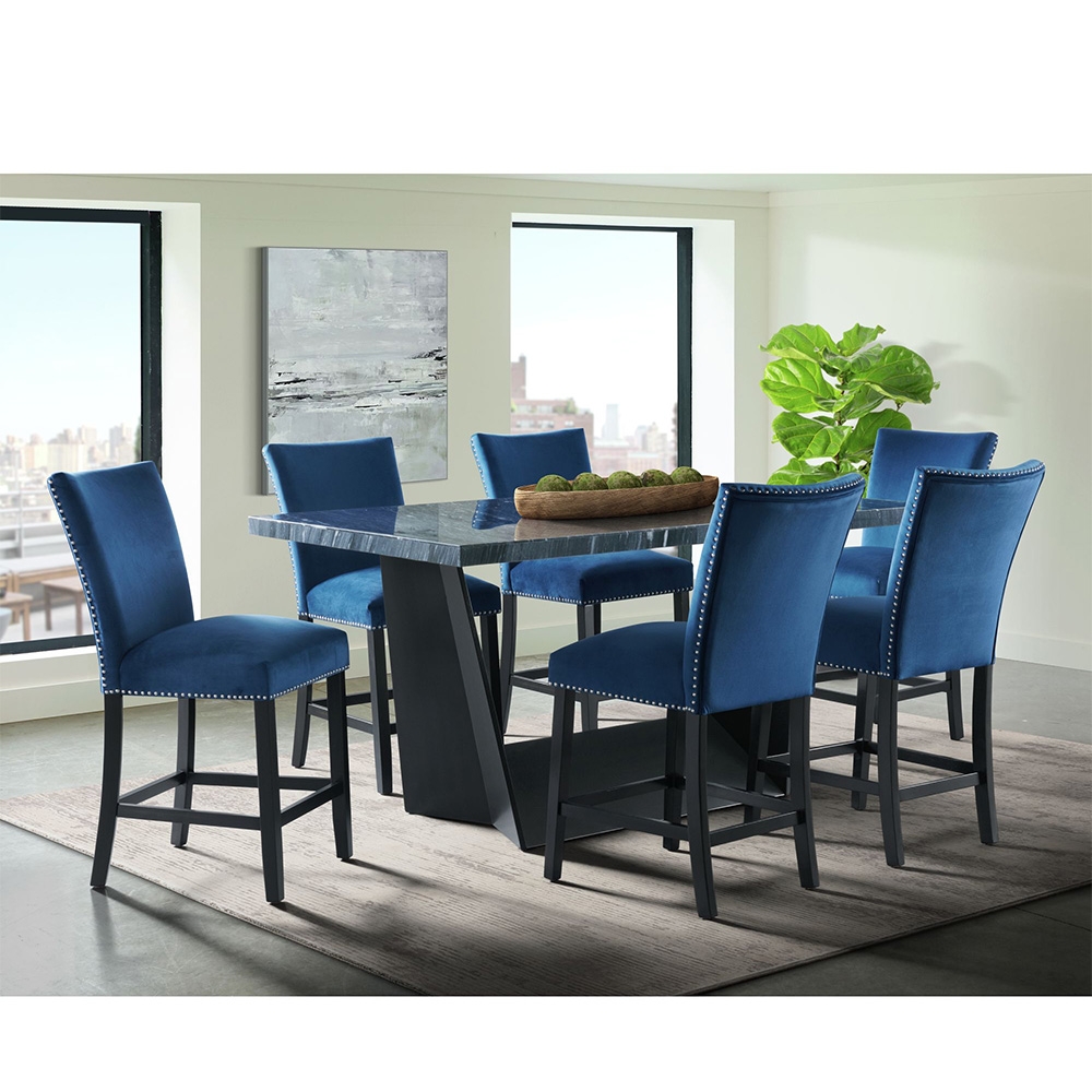 Ellesime International  | Beckley Dark Counter Seven Piece Set ( Dining Table, Blue Velvet Side Chairs )