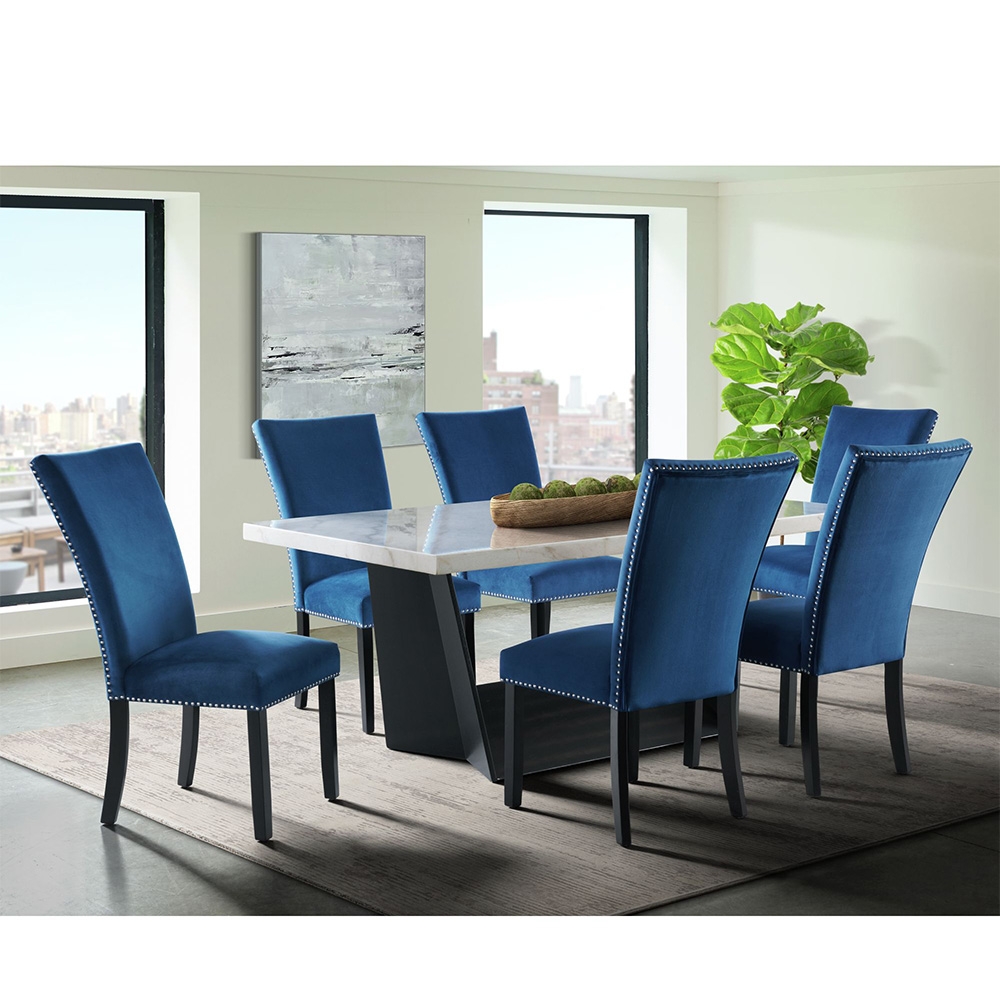 Ellesime International  | Beckley White Dining Seven Piece Set ( Dining Table, Six Blue Velvet Side Chairs )