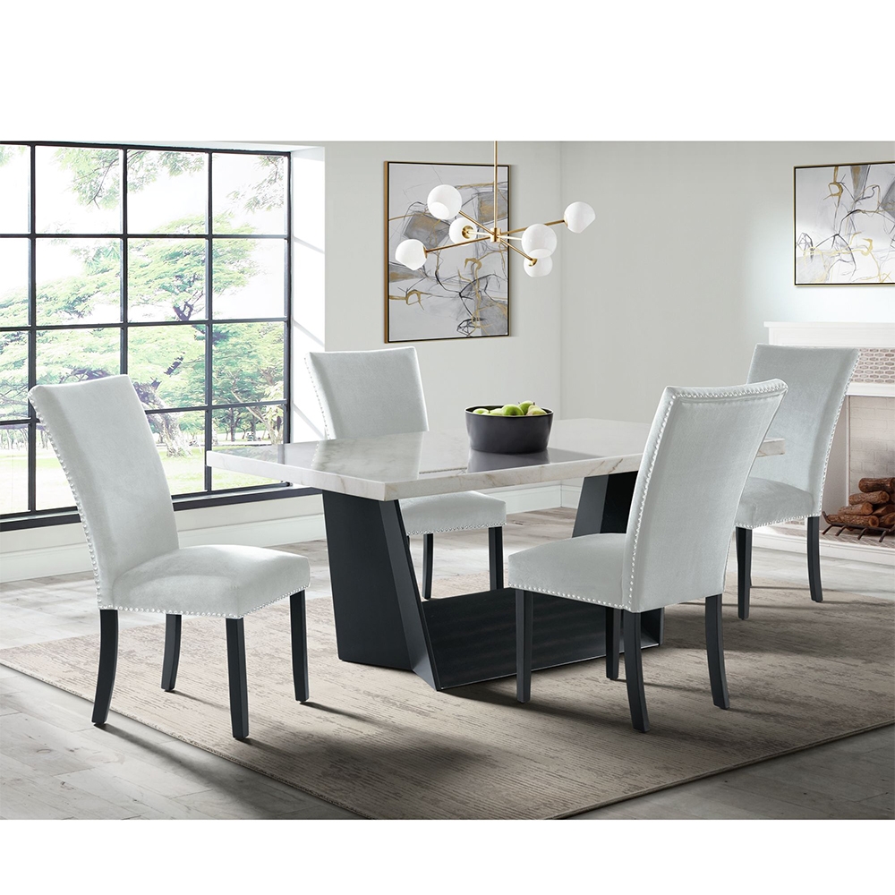 Ellesime International  | Beckley White Dining Seven Piece Set ( Dining Table, Six Grey Velvet Side Chairs )