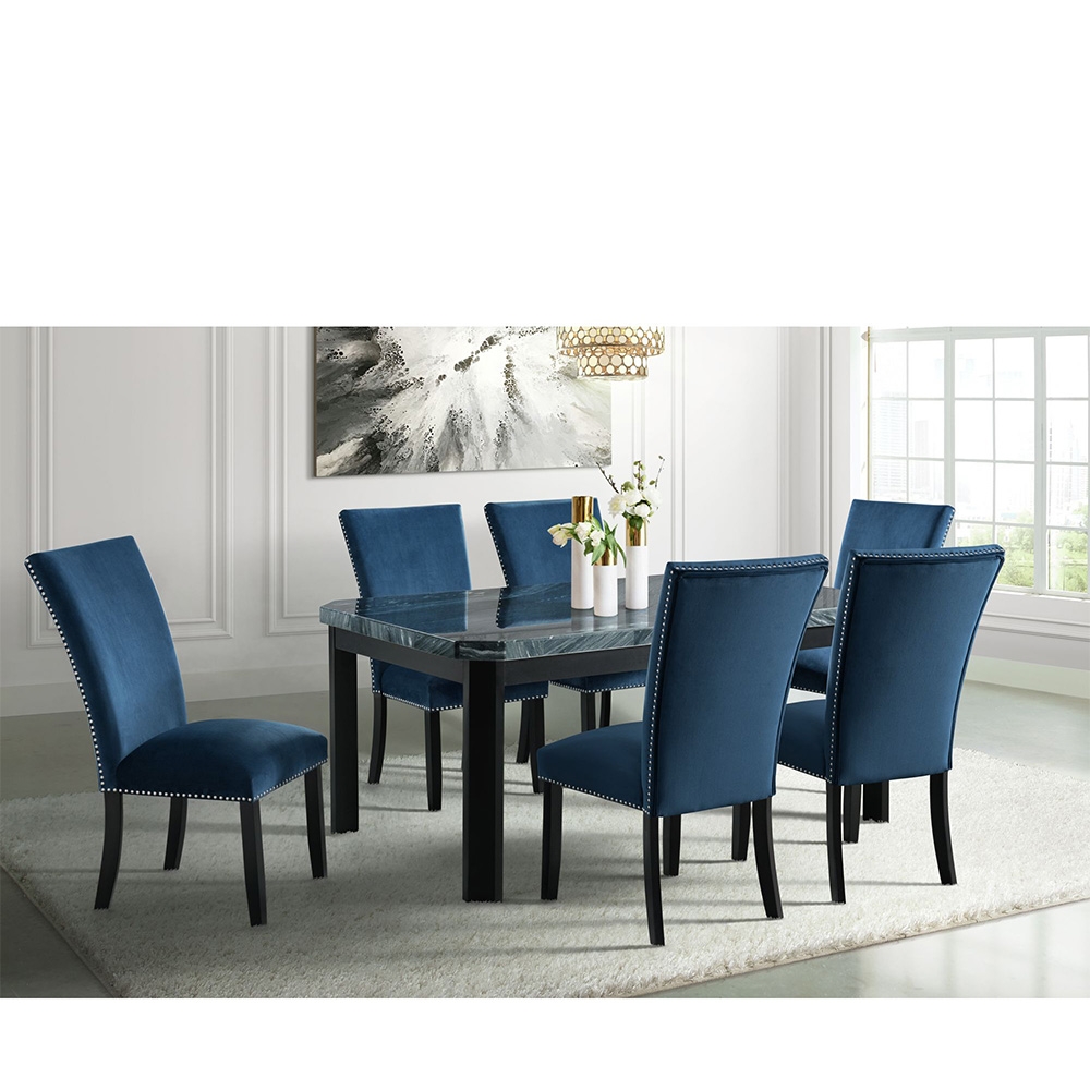 Ellesime International  | Francesca Rectangular Dining Grey Marble Seven Piece Set ( Dining Table, Six Blue Velvet Side Chairs )