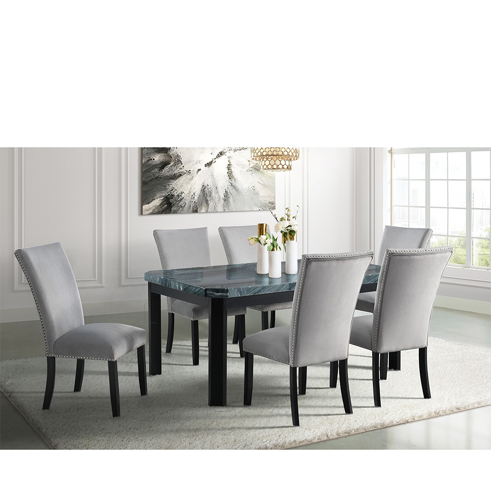 Ellesime International  | Francesca Rectangular Dining Grey Marble Seven Piece Set ( Dining Table, Six Grey Velvet Side Chairs )