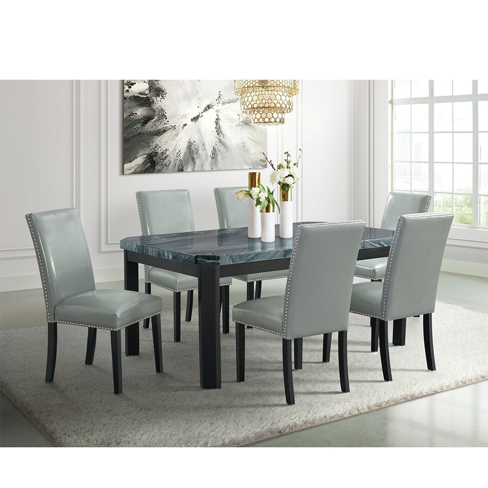 Ellesime International  | Francesca Rectangular Dining Grey Marble Seven Piece Set ( Dining Table, Six Grey Side Chairs )