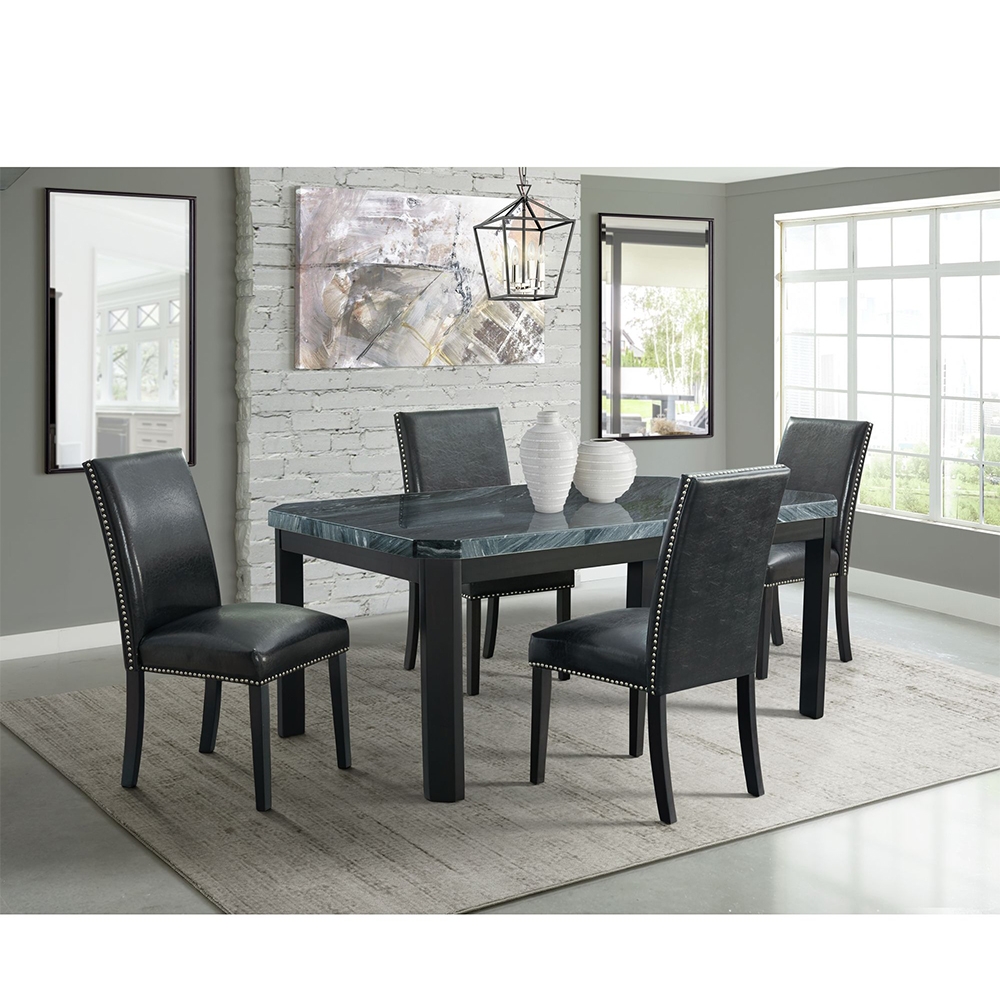 Ellesime International  | Francesca Rectangular Dining Grey Marble Seven Piece Set ( Dining Table, Six Black Side Chairs )