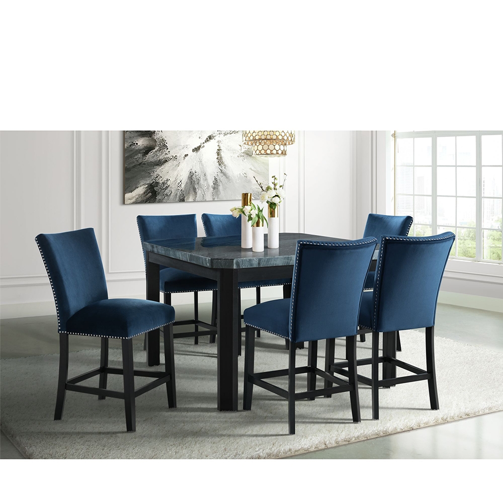 Ellesime International  | Francesca Square Counter Dining Seven Piece Set ( Dining Table, Six Grey Velvet Side Chairs )