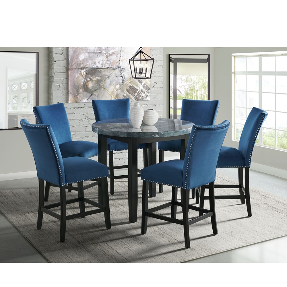 Ellesime International  | Francesca Round Counter Dining Seven Piece Set ( Dining Table, Six Blue velvet Side Chairs )