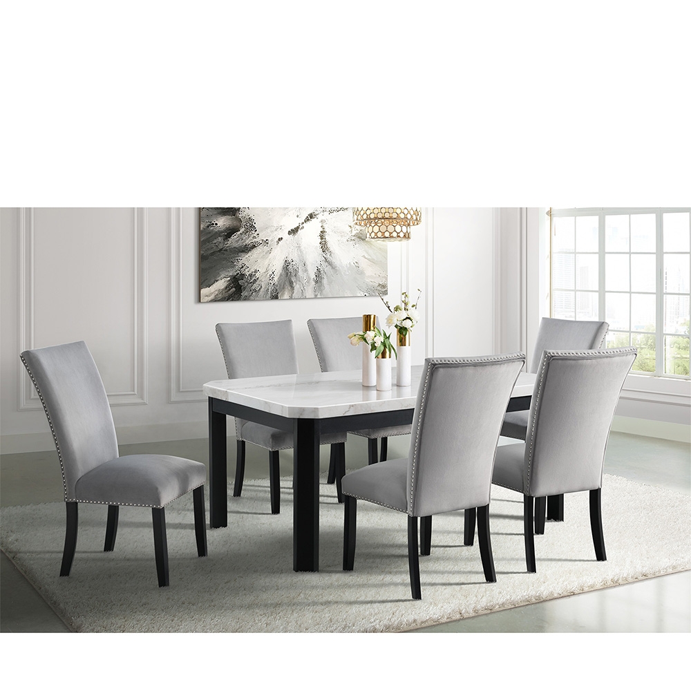 Ellesime International  | Francesca Rectangular Dining White Marble Five Piece Set ( Dining Table, Six Grey Velvet Side Chairs )