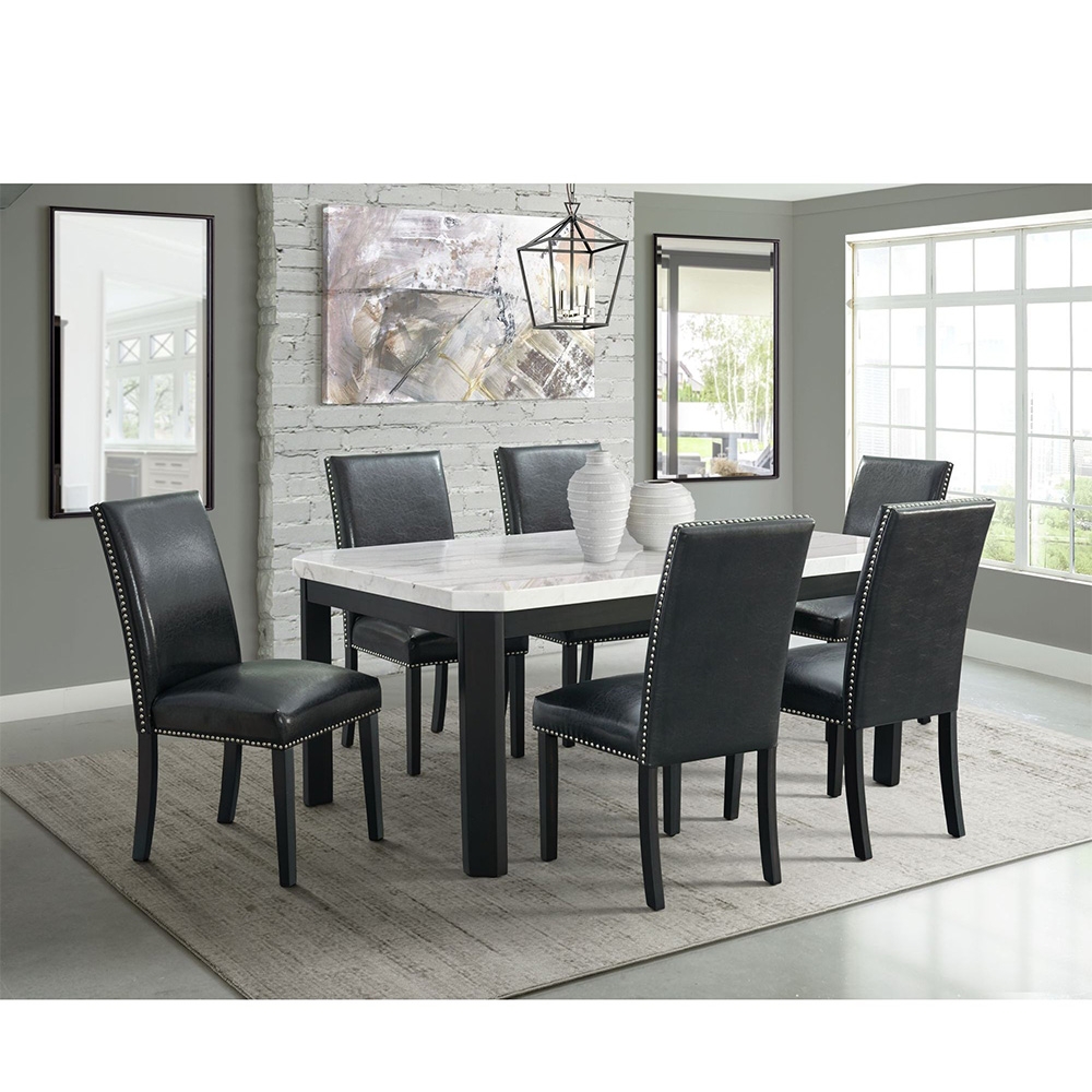 Ellesime International  | Francesca Rectangular Dining White Marble Seven Piece Set ( Dining Table, Six Black Side Chairs )