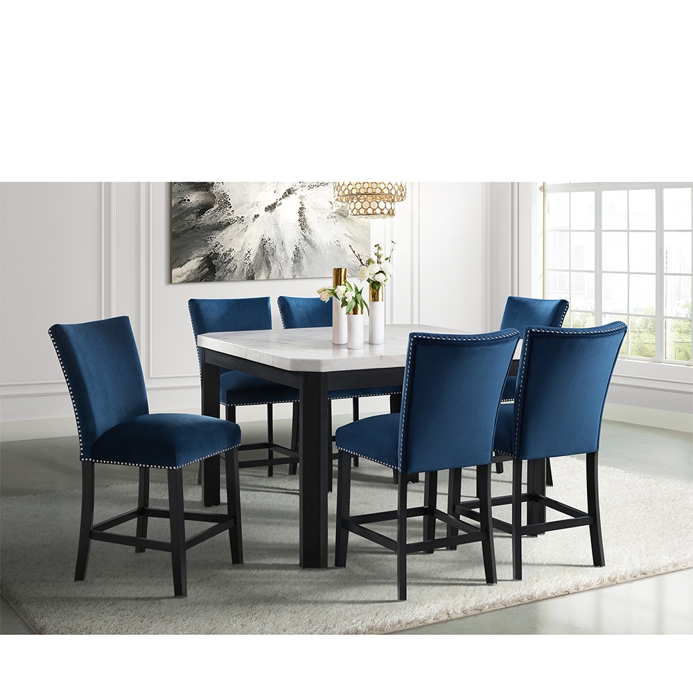 Ellesime International  | Francesca Square Counter Dining White Marble Seven Piece Set ( Dining Table, Six Blue Velvet Side Chairs )