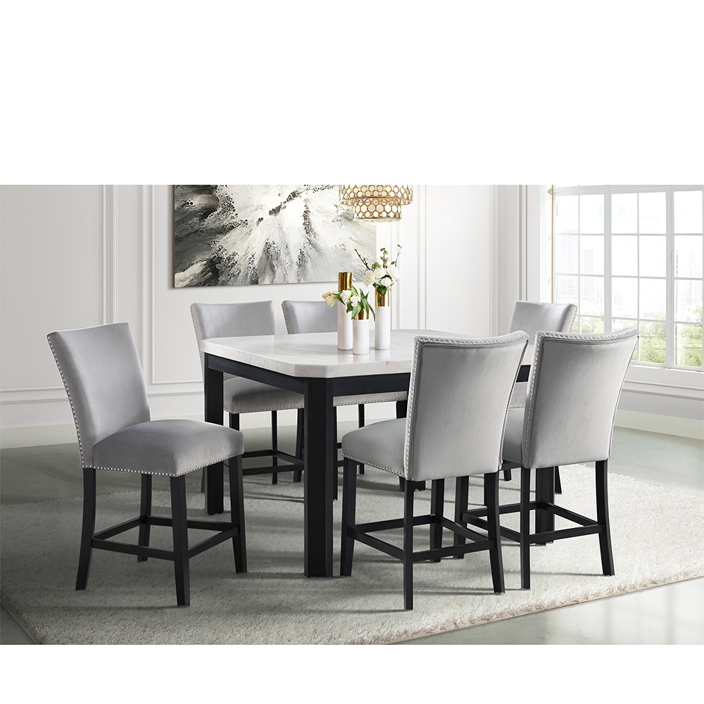 Ellesime International  | Francesca Square Counter Dining White Marble Seven Piece Set ( Dining Table, Six Grey Velvet Side Chairs )