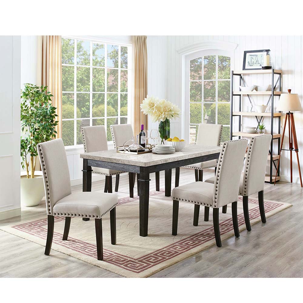Ellesime International  | Greystone Marble Dining Seven Piece Set ( Dining Table, Six Fabric Side Chairs )