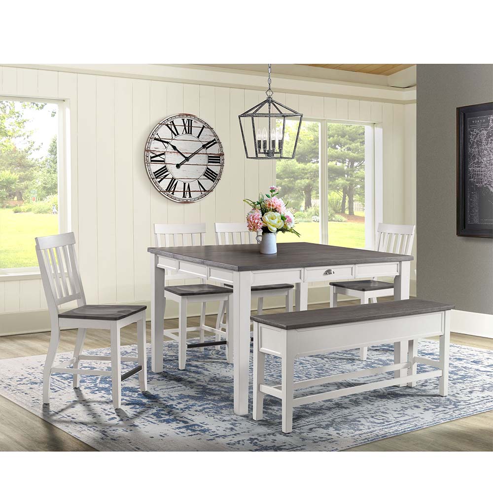 Ellesime International  | Kayla Two Tone Counter with Grey Top Six Piece Set ( Counter Table, Four Counter Side Chair, Storage Bench )