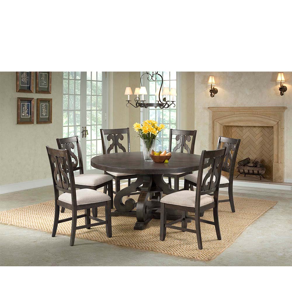 Ellesime International  | Stone Round Dining Seven Piece Set ( Dining Table, Six Swirl Back Side Chairs )