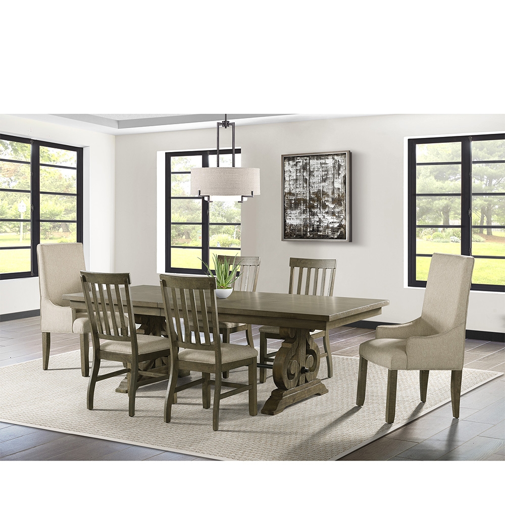 Ellesime International  | Stone Gray Dining Seven Piece Set ( Dining Table, Four Wooden Slat Back Side Chairs, Two Parson Chairs )