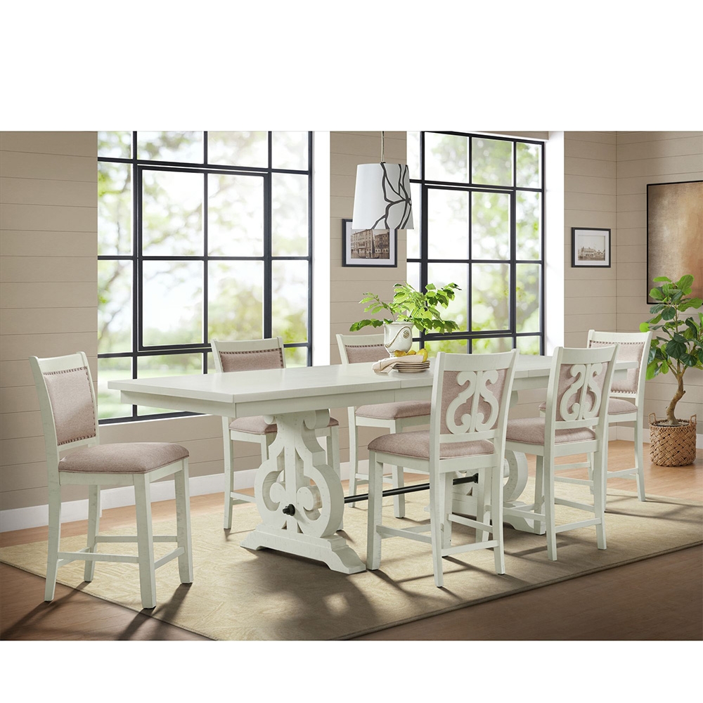 Ellesime International  | Stone White Counter Seven Piece Set ( Dining Table, Six Fabric Swirl Back Side Chairs )