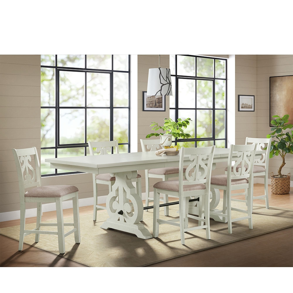 Ellesime International  | Stone White Counter Seven Piece Set ( Dining Table, Six Wooden Swirl Back Side Chairs )