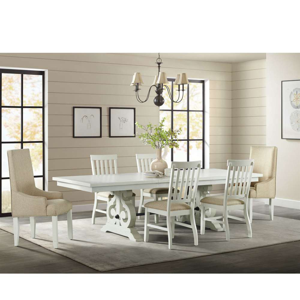 Ellesime International  | Stone White Dining Seven Piece Set ( Dining Table, Four Side Chairs, Two Parson Chairs )