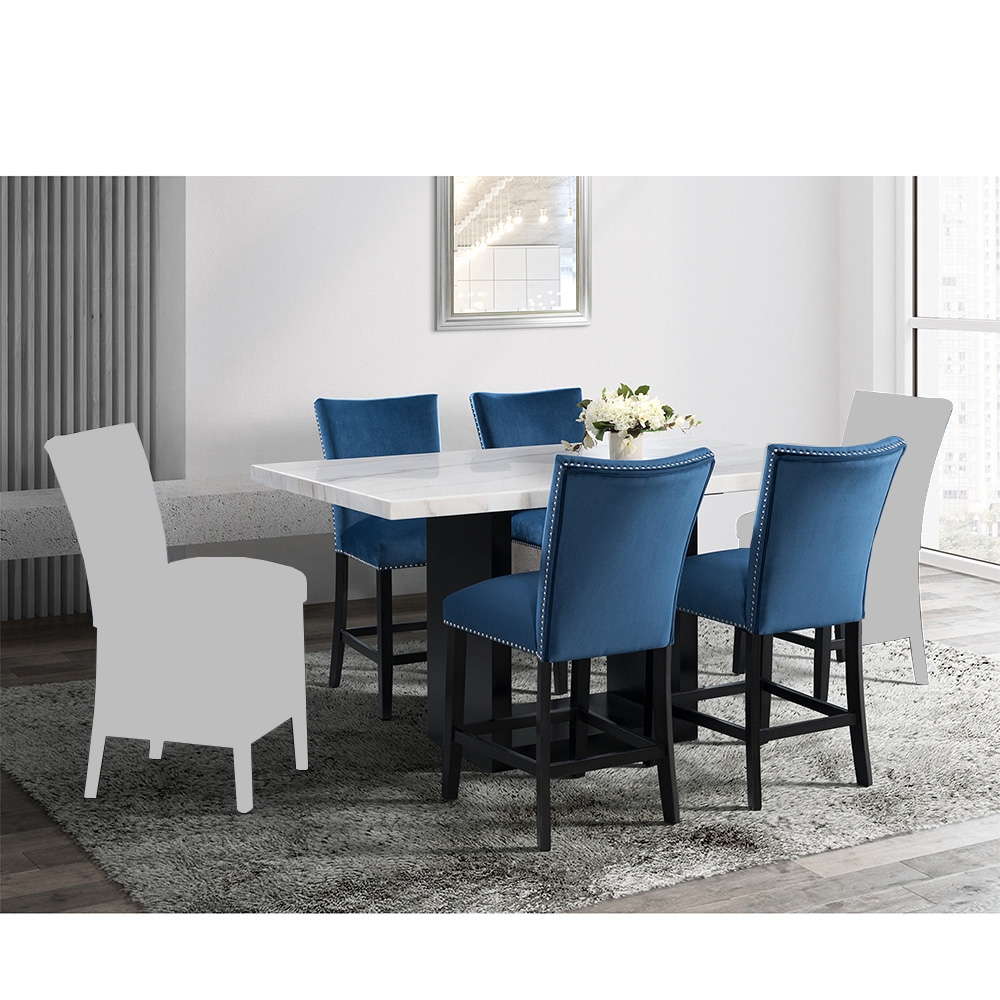 Ellesime International  | Valentino White Marble Counter Five Piece Set ( Counter Table, Four Blue Velvet Side Chair )