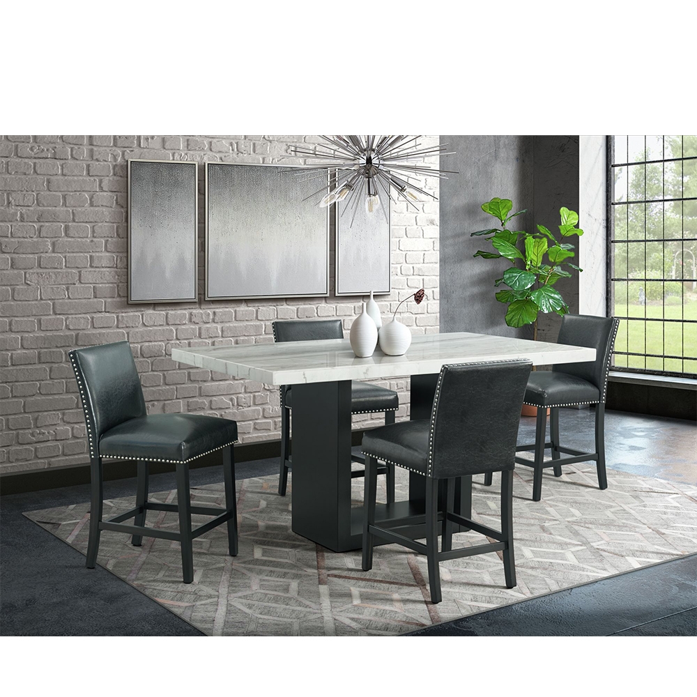 Ellesime International  | Valentino White Marble Counter Five Piece Set ( Counter Table, Four Black Side Chair )