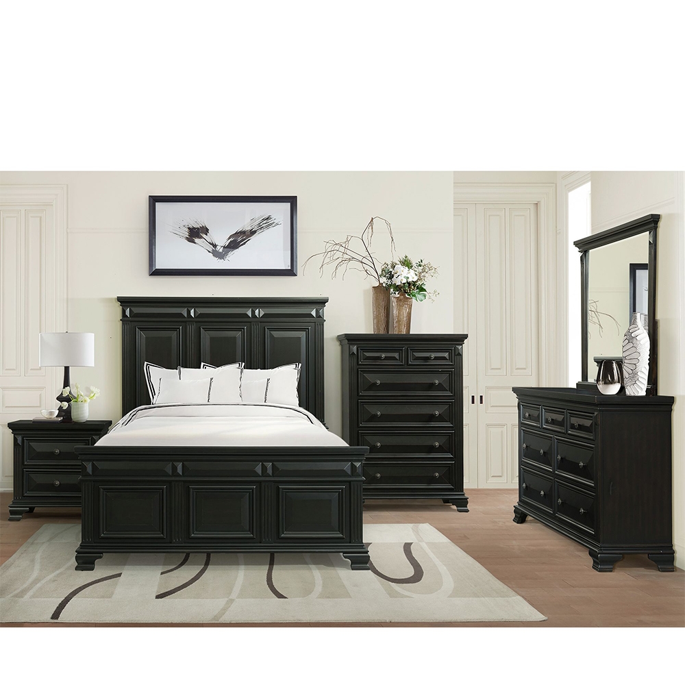 Ellesime International  | Calloway Black Four Piece Set with Queen Panel Bed ( Dr, Mr, NS and Bed )