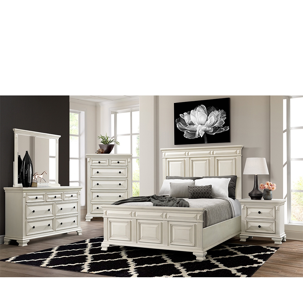 Ellesime International  | Calloway White Four Piece Set with Queen Panel Bed ( Dr, Mr, NS and Bed )