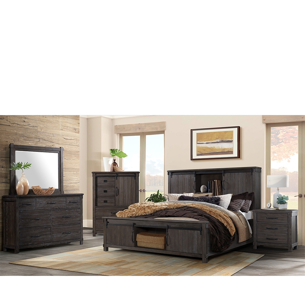 Ellesime International  | Scott Dark Four Piece Set with Queen Storage HB/FB Bed ( Dr, Mr, NS and Bed )