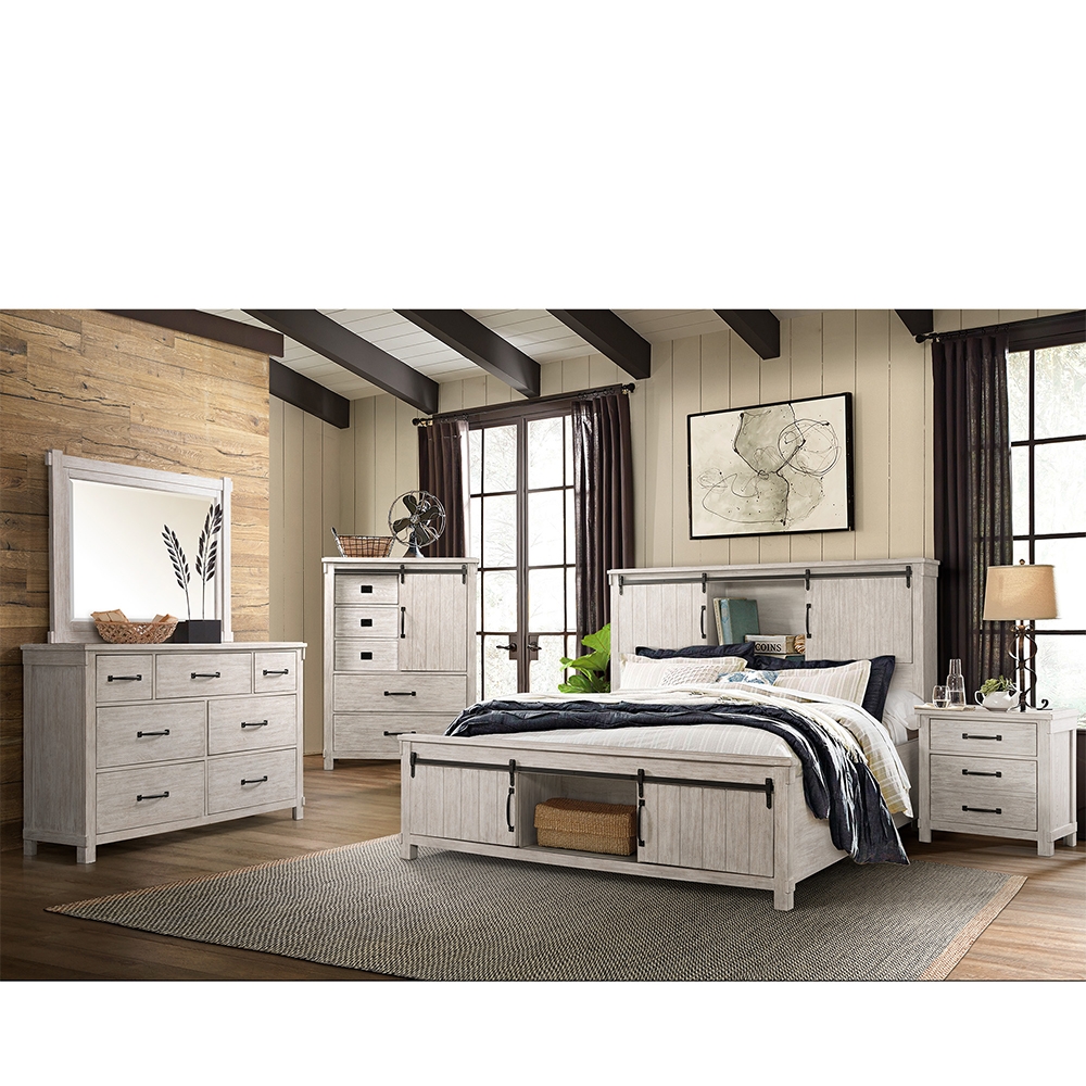 Ellesime International  | Scott White Four Piece Set with Queen Storage HB/FB Bed ( Dr, Mr, NS, and Bed )