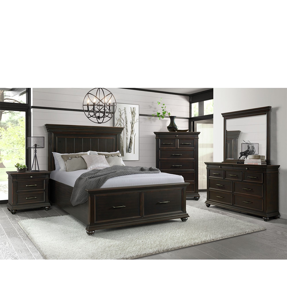 Ellesime International  | Slater Black Four Piece Set with Queen Storage Bed ( Dr, Mr, NS and Bed )