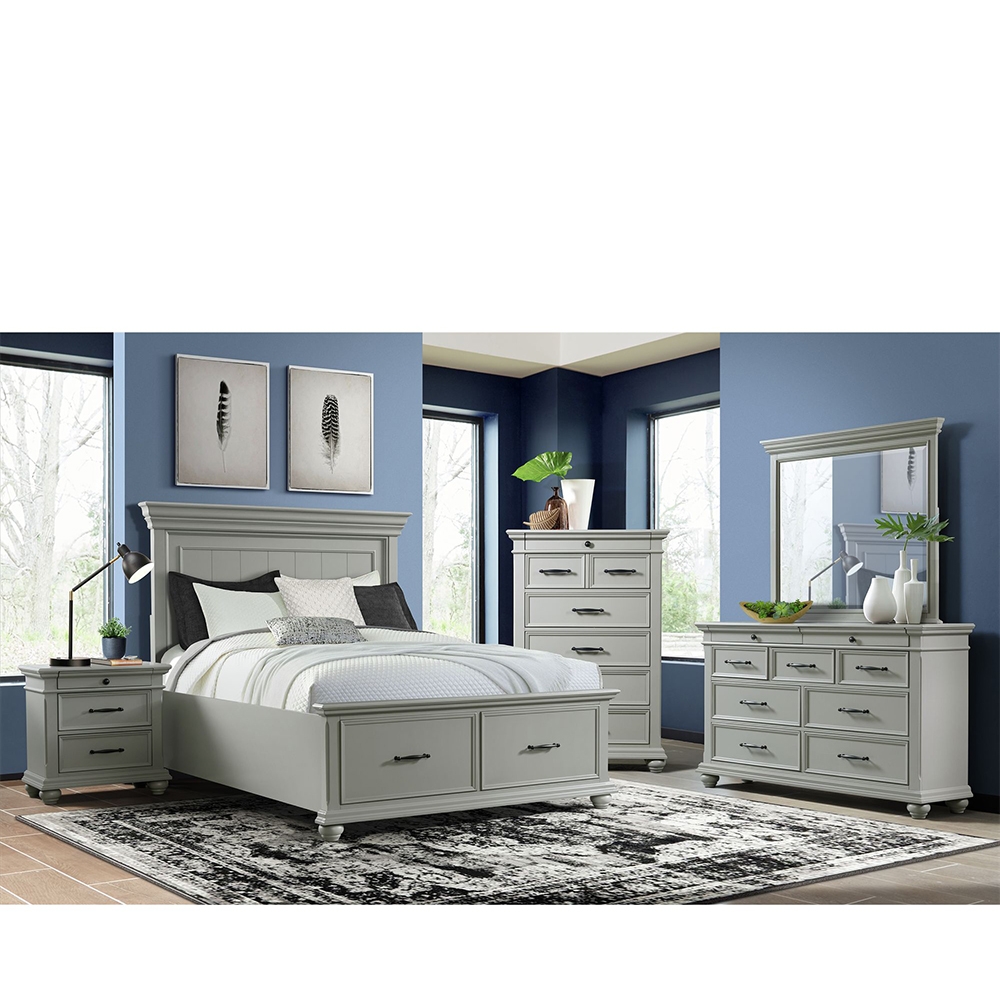 Ellesime International  | Slater Grey Four Piece Set with Queen Storage Bed ( Dr, Mr, NS and Bed )