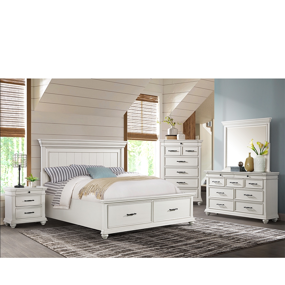 Ellesime International  | Slater White Four Piece Set with Queen Storage Bed ( Dr, Mr, NS and Bed )
