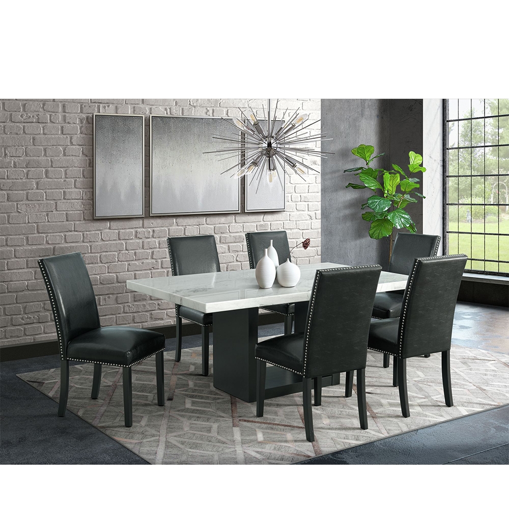 Ellesime International  | Valentino White Marble Dining Seven Piece Set ( Dining Table, Six Black Side Chairs )