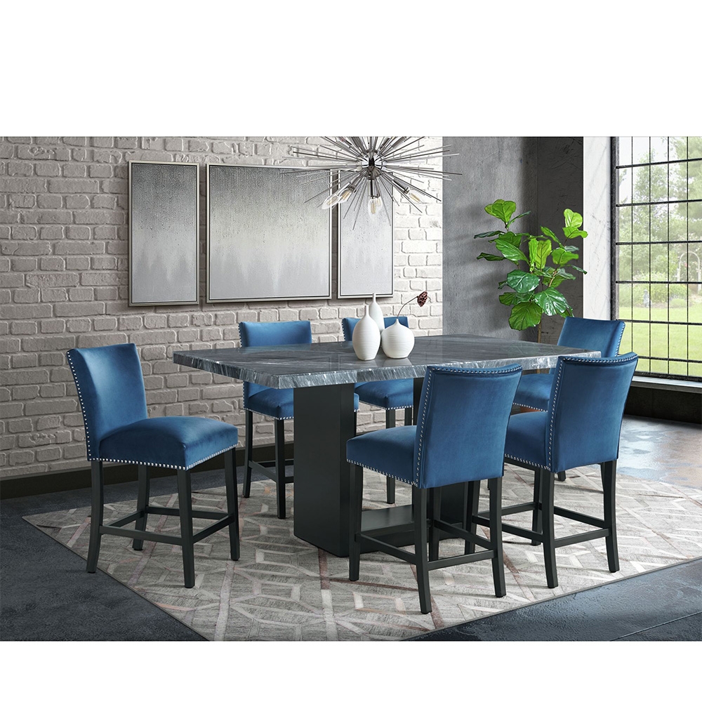 Ellesime International  | Valentino Grey Marble Counter Seven Piece Set ( Counter Table, Six Blue Velvet Side Chair )
