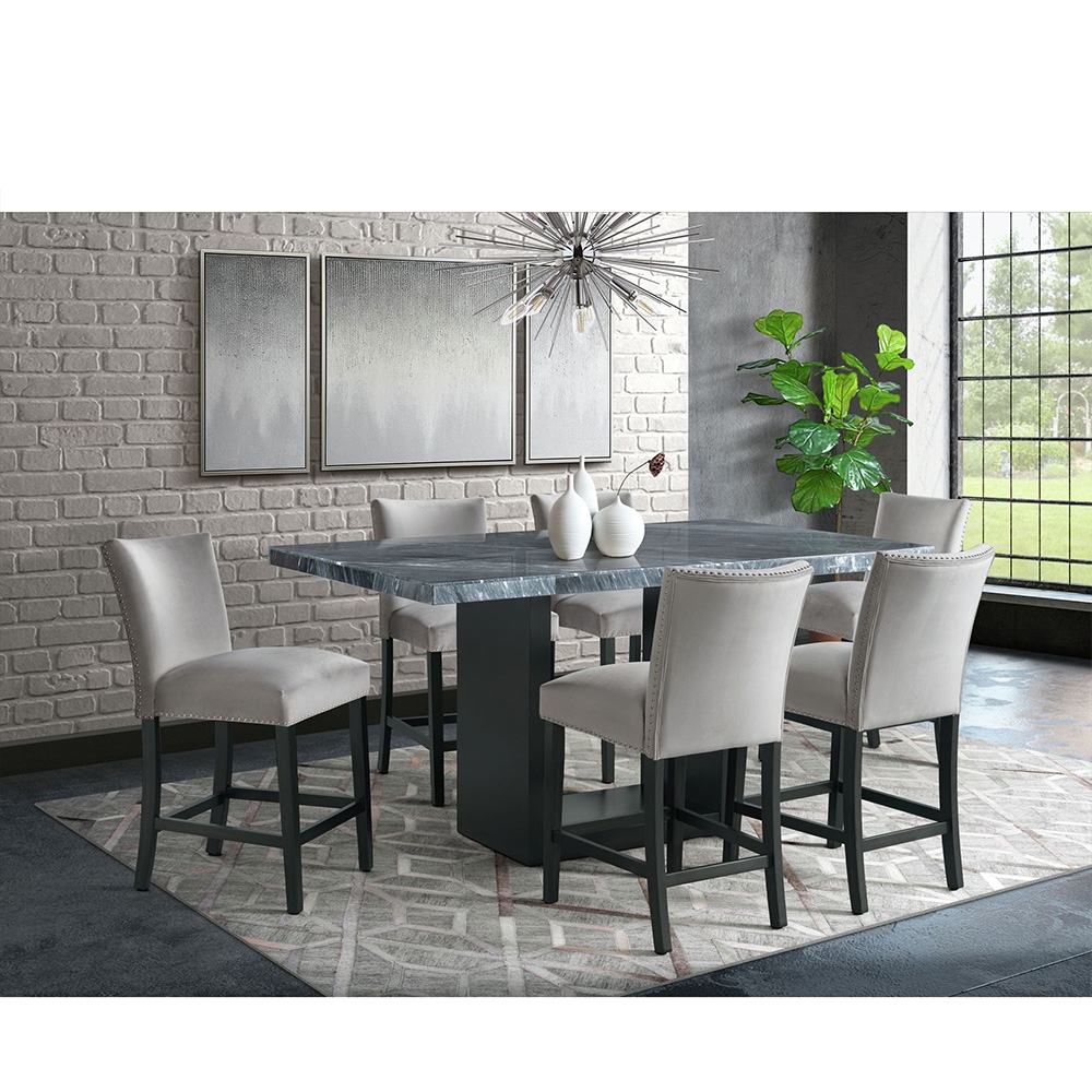 Ellesime International  | Valentino Grey Marble Counter Seven Piece Set ( Counter Table, Six Grey Velvet Side Chair )