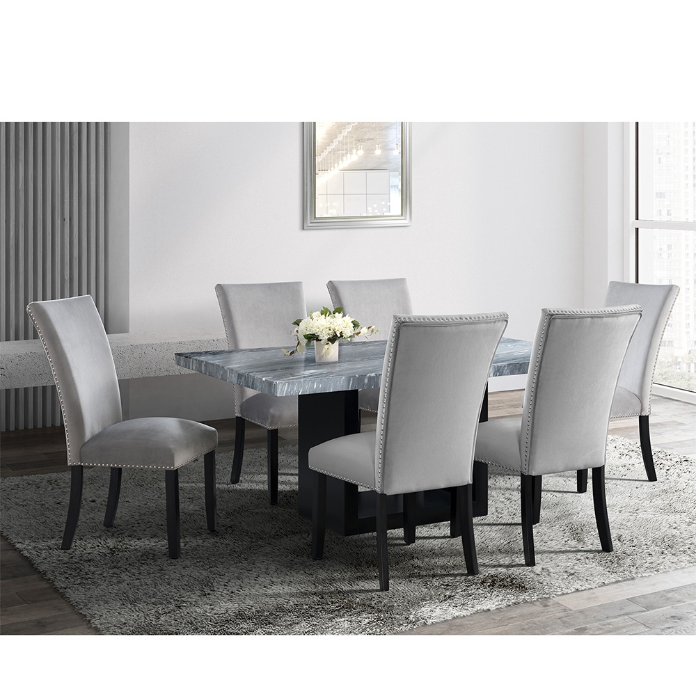 Ellesime International  | Valentino Grey Marble Dining Seven Piece Set ( Dining Table, Six Grey Velvet Side Chairs )